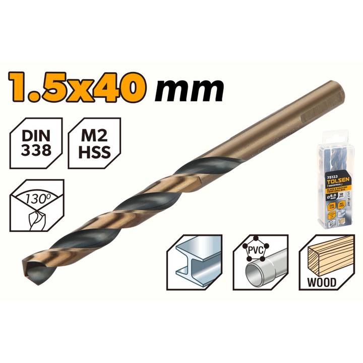 Set 10 burghie TOLSEN HSS M2 1.5 mm, negru si auriu, DIN338, lungime 43 mm, flaut 20 mm, punct 118°, otel de mare viteza, pentru gaurire precisa, uz industrial