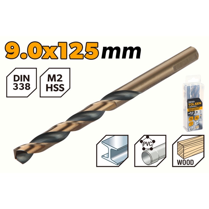 Set 10 burghie TOLSEN HSS M2 9.0 mm, negru si auriu, DIN338, lungime 125 mm, flaut 81 mm, punct separare 130°, tija 3 fete pentru prindere sigura, otel de mare viteza, uz industrial