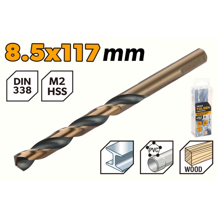 Set 10 burghie TOLSEN HSS M2 8.5 mm, negru si auriu, DIN338, lungime 117 mm, flaut 75 mm, punct separare 130°, tija 3 fete pentru prindere sigura, otel de mare viteza, uz industrial