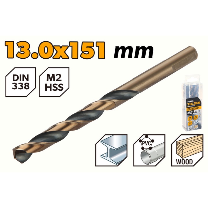 Set 5 burghie TOLSEN HSS M2 13 mm, negru si auriu, DIN338, lungime 151 mm, flaut 101 mm, punct separare 130°, otel de mare viteza, pentru gaurire precisa, uz industrial