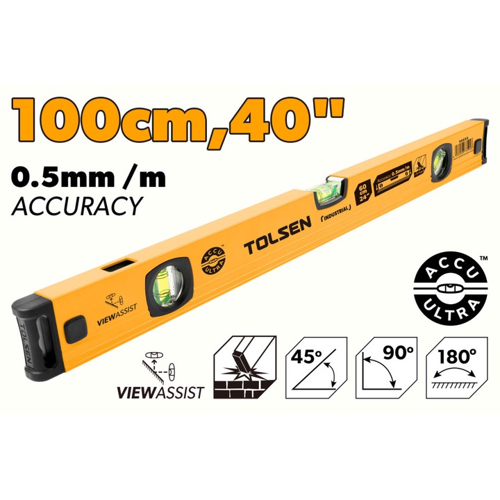 Nivela TOLSEN Industrial 100cm cu 3 fiole 90°/180°/45°, vizualizare dubla, cadru aluminiu cu acoperire pulbere, fund frezat, precizie 0.5mm/m, capete antishock