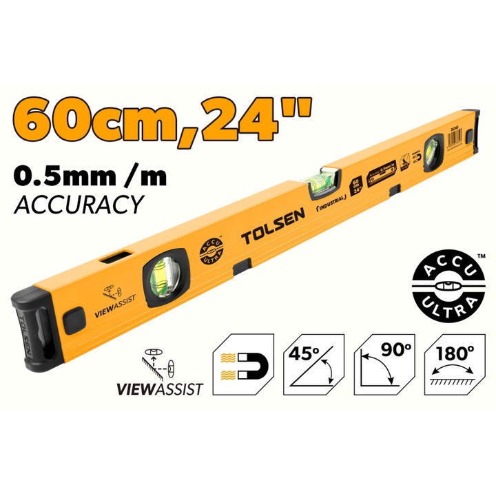 Nivela TOLSEN Industrial 60cm cu 3 fiole 90°/180°/45°, vizualizare dubla, cadru aluminiu cu acoperire pulbere, fund frezat, precizie 0.5mm/m, capete antishock
