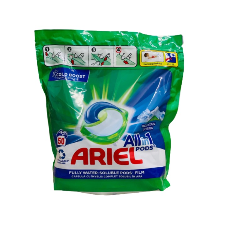 Перилен препарат Ariel All in One PODS Mountain Spring на капсули, 50 пранета