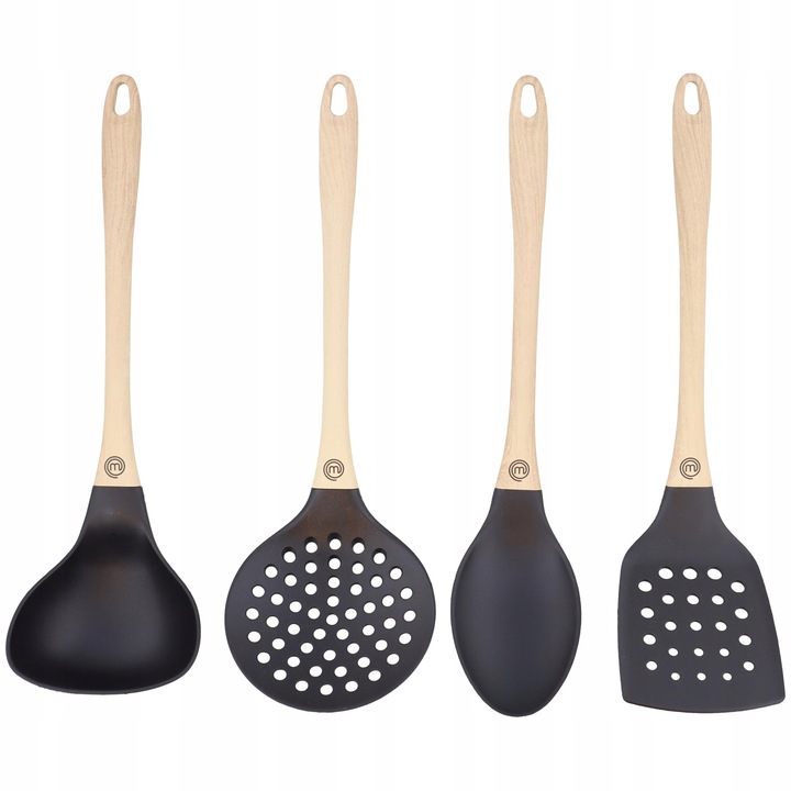 Set de 4 spatule, Masterchef, Lemn/Cauciuc, Negru/Maro
