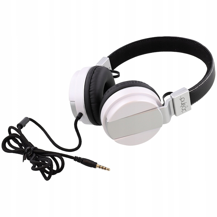Telefonos fejhallgató, Pulsar, Állítható, 3,5 mm-es jack, Ökológiai bőr/műanyag, 40 mm, Fehér/fekete