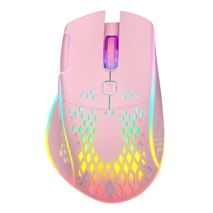 Mouse de gaming wireless, Cu buton de dublu clic si lumina LED colorata, 2.4G, 3 nivele de DPI reglabil, Silentios, 400mAh, 12.8×4.1×8 cm, Roz