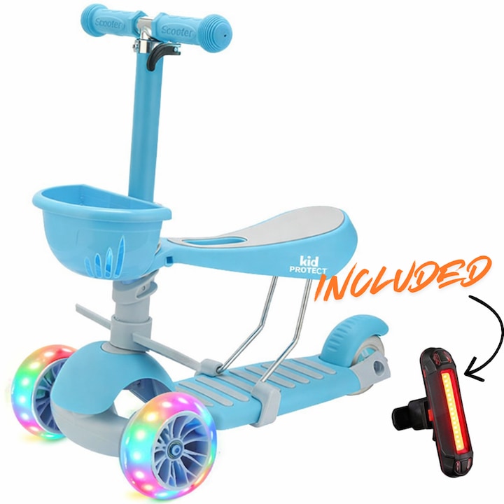 Trotineta copii 3 in 1 KidProtect® Ultra Safe, 1 - 8 ani, lumini, roti ultra - wide, cu sea, ghidon reglabil, stabila, suport picioare, frana, cosulet depozitare, stop inclus, Albastru