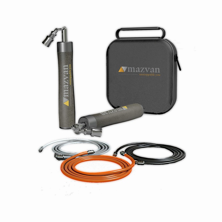 Set 3 corzi de sarit, Mazvan FitPro®, manere fabricate din aluminiu si otel inoxidabil, imbracate in piele PU, ajustabile pe lungime si interschimbabile de diverse greutati, sistem de prindere inovativ, rotatia asistata de rulmenti premium