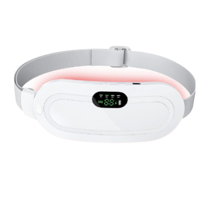 Centura abdominala alba cu functie de incalzire, 3 trepte, anti dureri menstruale, lombare si functie de masaj, Portabil, Incarcare USB