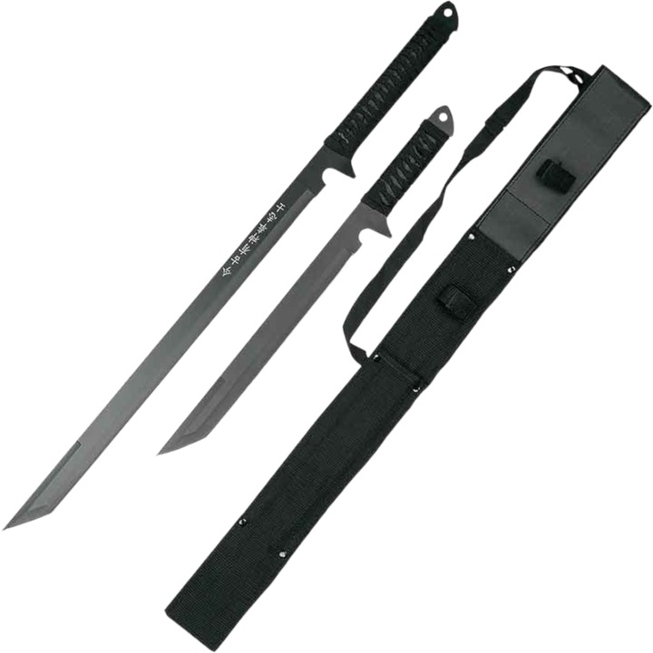 Set de 2 Sabii Ninja cu Teaca, de Antrenament, 45cm si 66cm, Negru, Inox, HK-1067