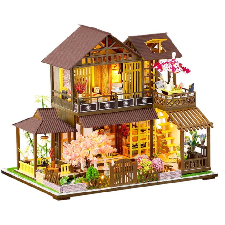 28x20x24 DIY összeragasztható fa babaház miniatűr ház LED