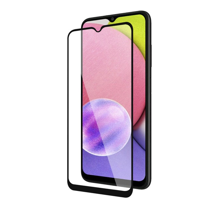 Folie protectie din sticla compatibila cu Samsung Galaxy A04S, cu lipici pe tot ecranul Full Glue, Case Friendly, PlanetPhone®