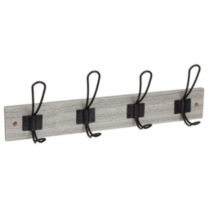 Fogas, fali tartó, 8 akasztó, szürke, fa és fém, 45,5 x 1,5 x 6,5 cm