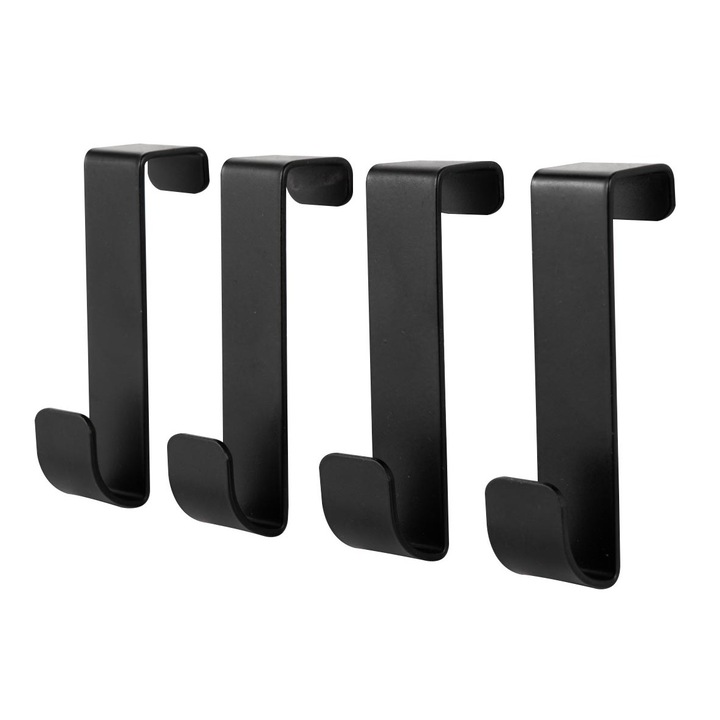 Cuier de baie metalic, montaj pe usa, 4 buc, negru, 8 x 2 x 3 cm