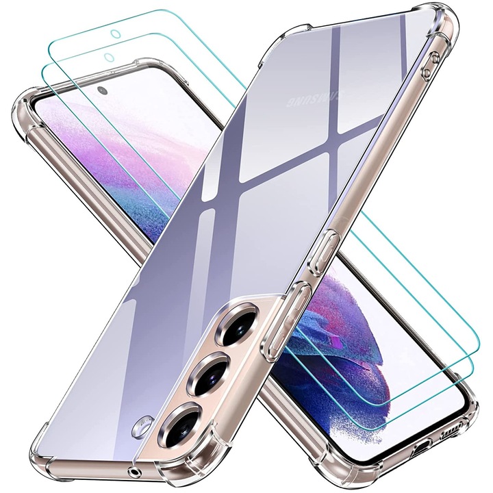 Кейс за Samsung Galaxy S22+ / S22 Plus 5G / 4G с 2 скрийн протектора, TPU/Защитно стъкло, Прозрачен
