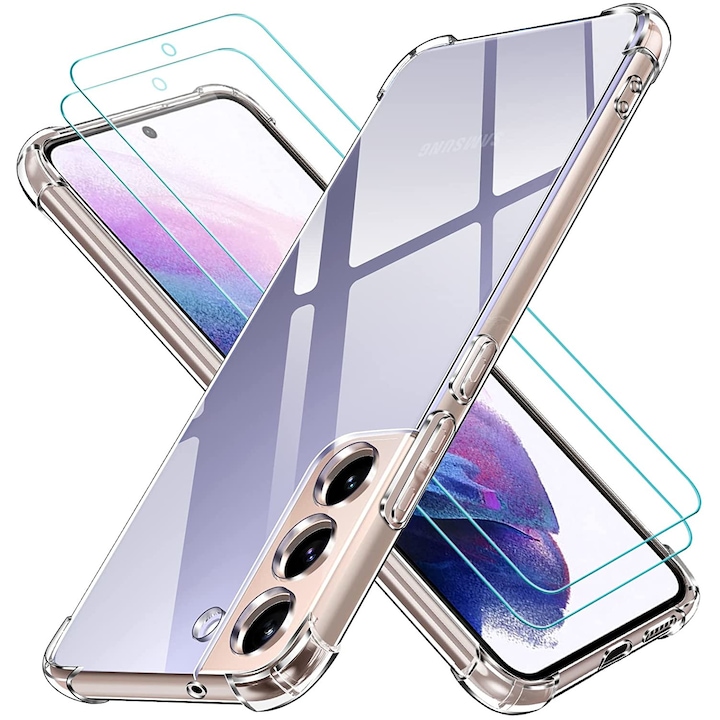 Husa pentru Samsung Galaxy S22+ / S22 Plus 5G / 4G cu 2 folii protectie ecran, TPU/Sticla securizata, Transparent