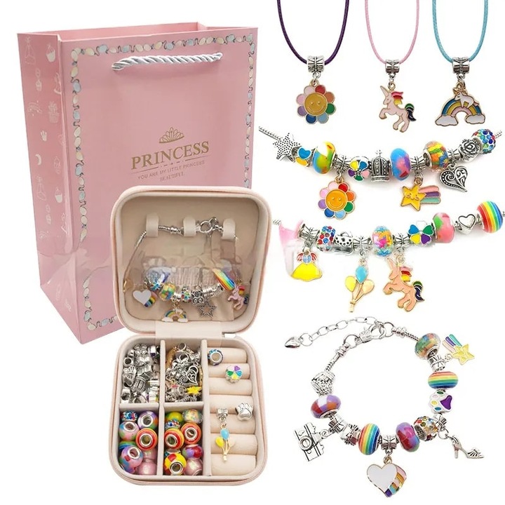 Set cutie de bijuterii cu trei bratari si trei lantisoare DIY cu diferite modele de charm-uri, marime reglabila, placat cu argint, 66 de piese, Tessero, argintiu si roz