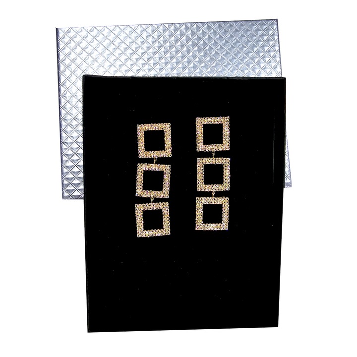 Namid hosszú fülbevaló, szimmetrikus négyzetekkel és féldrágakövekkel, elegáns dobozban, Arany