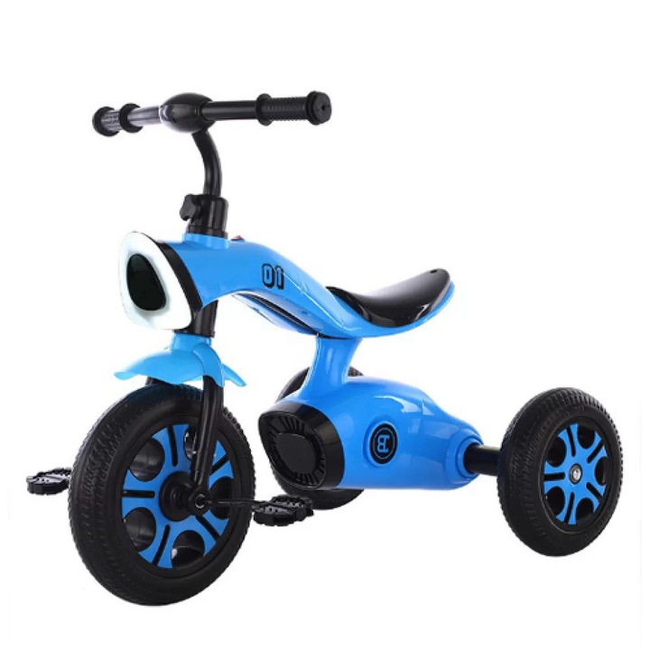 Tricicleta cu pedale NOVOKIDS™ Space Trike, Cu melodii si lumini, Max 30 kg, Roti din spuma cauciucata EVA, Cadru metalic, Model motocicleta, Albastru