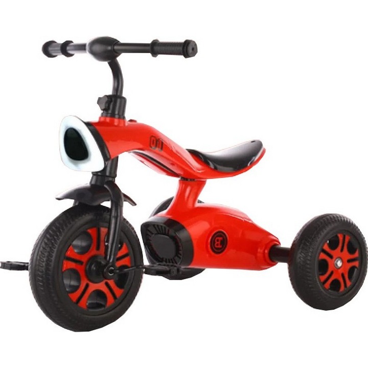 Tricicleta cu pedale NOVOKIDS™ Space Trike, Cu melodii si lumini, Max 30 kg, Roti din spuma cauciucata EVA, Cadru metalic, Model motocicleta, Rosu