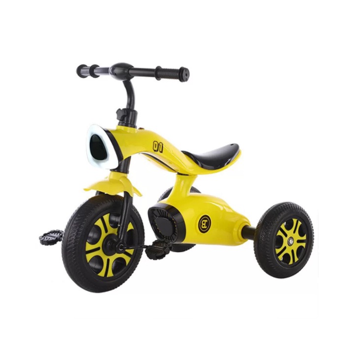 NOVOKIDS™ Space Trike триколка с педали, С музика и светлини, Макс. 30 кг, EVA гумени колела от пяна, Метална рамка, Модел на мотоциклет, Жълт