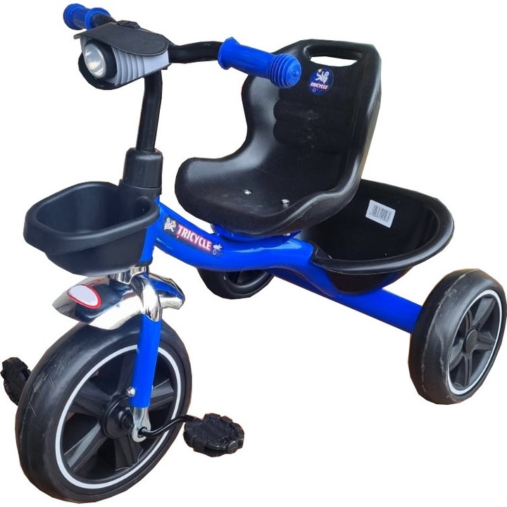Tricicleta cu pedale NOVOKIDS™ Falcon Trike, Cu melodii si lumini, Max 30 kg, Roti din spuma cauciucata EVA, Cadru metalic, Model motocicleta, Albastru