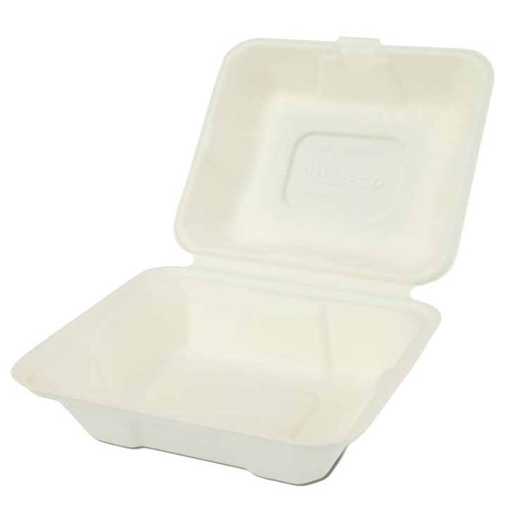 Set 200 Caserole Biodegradabile cu Capac pentru Hamburger din Fibra Lemnoasa, Dimensiune 187x187x74 mm