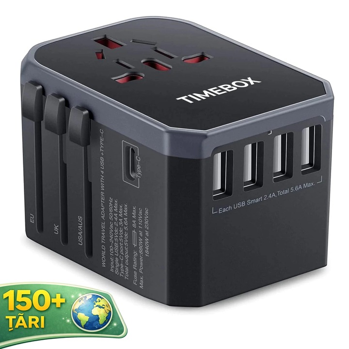 Adaptor Universal de Calatorie cu 4 Porturi USB si 1 Port Type-C – Compatibil Global (US/UK/EU/AU), Incarcare Simultana pentru Telefon, Tableta, Laptop, Protectie Suprasarcina, Design Compact, Silver Grey