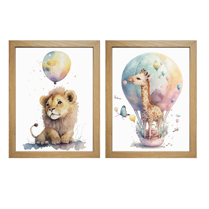 Set 2 Tablouri pentru copii, leu si girafa, multicolor, 250 g, rama MDF, 34 x 44 cm