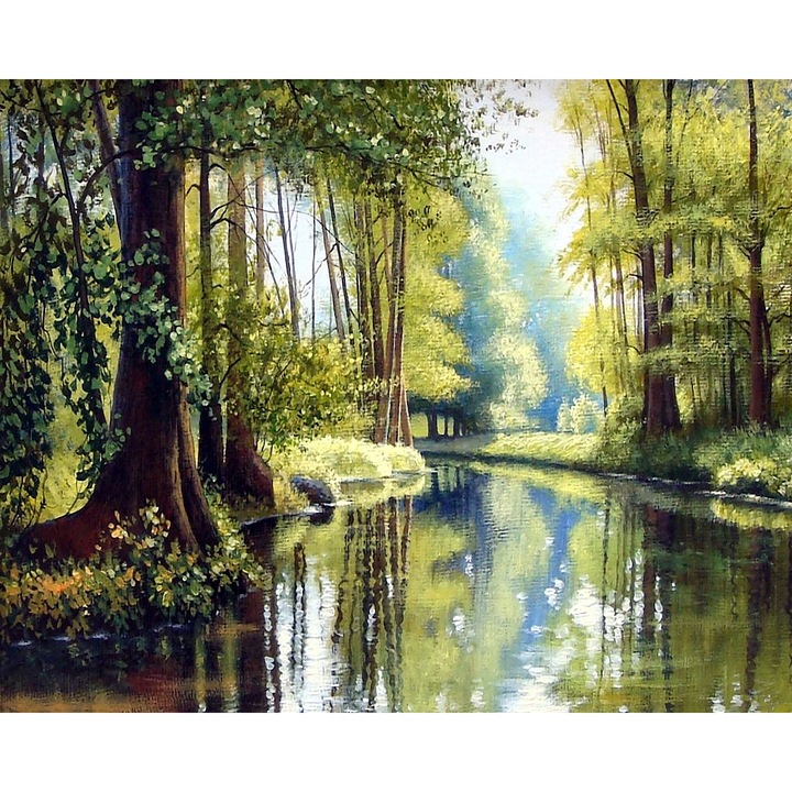 Картина на платно Летен пейзаж с река 9602, платно 360гр върху дървена рамка 80см х 100см, Всекидневна, Спалня