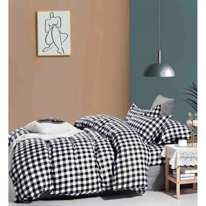 Lenjerie de pat, Jojo Home, imprimeu Carouri, 4 piese, 1 persoana, 155x230cm, Finet, Alb Negru