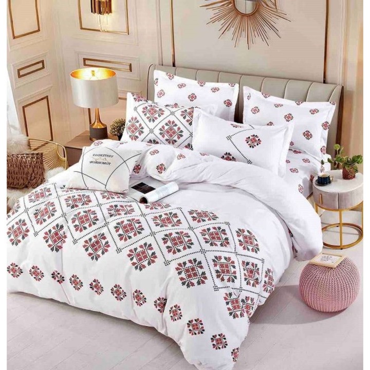 Lenjerie de pat, Jojo Home, imprimeu Traditional, M4, 4 piese, 1 persoana, 155x230cm, Finet, Alb Multicolor