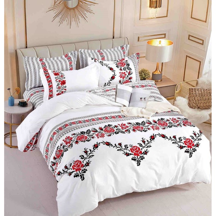 Спално бельо, Jojo Home, Традиционен принт, M9, 4 бр., 1 лице, 155x230см, Finet, Бяло Многоцветно