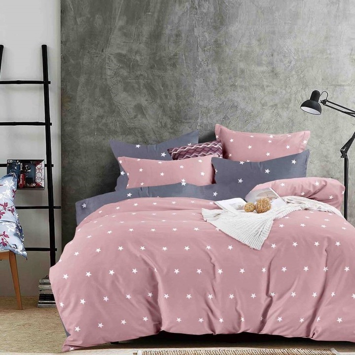 Спално бельо, Jojo Home, Принт звезди, 4 части, 1 лице, 155x230см, Finet, Розово Многоцветно