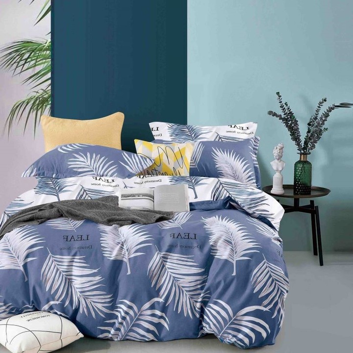 Lenjerie de pat, Jojo Home, imprimeu Pene, 4 piese, 1 persoana, 155x230cm, Finet, Albastru