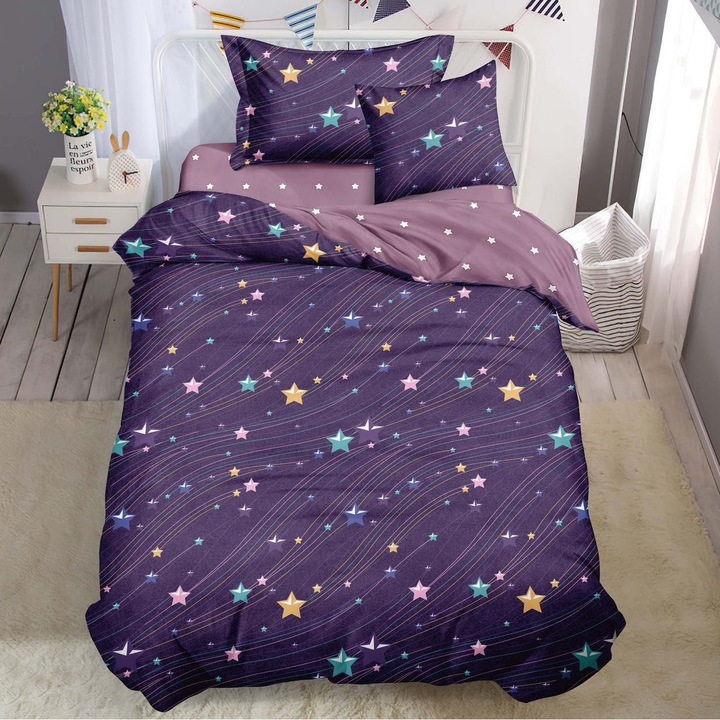 Спално бельо Pucioasa, звезден принт, 4 части, 1 лице, 155x220 см, фин сатен, лилаво