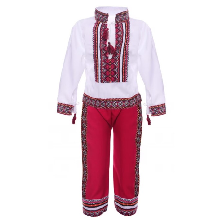 Costum popular baieti, 2 piese, bluza si pantalon rosu, 5-6 ani