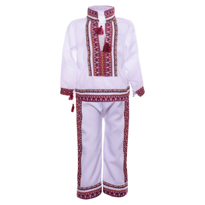 Costum popular baieti, 2 piese, bluza si pantalon alb, 6-7 ani