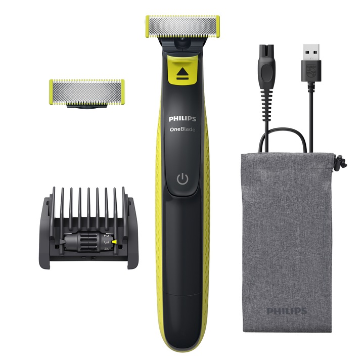 Акумулаторен хибриден уред за бръснене и подстригване на брада Philips OneBlade QP2724/30, Регулируем гребен 5 in 1, Мокра/суха употреба, 45 мин, USB-A, Калъф, Защитен капак, Допълнителен сменяем накрайник, Лайм