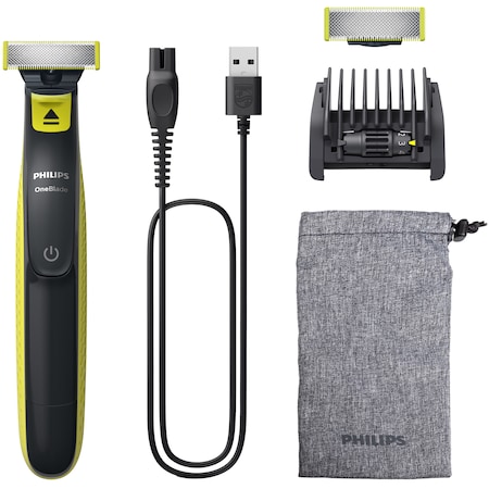 Aparat hibrid de barbierit si tuns barba Philips OneBlade QP2724/30, pieptene reglabil 5 in 1, reincarcabil, umed si uscat, 45 min, USB-A, husa, capac de protectie, lama inlocuibila suplimentara, Verde lime