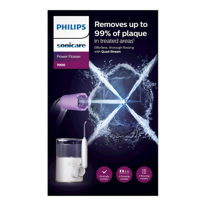 Зъбен душ Philips Sonicare Power Flosser 7000 HX3911/40, Технология Quad Stream, 600 мл, 4 режима на почистване, 10 нива на интензитет, 4 почистващи накрайника, Калъф за съхранение на накрайниците, Бял