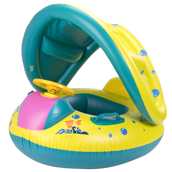 Colac Gonflabil pentru Copii Zenino - Barcuta Yacht, Volan, Prelata Detasabila Inclusa, 65cm x 73cm, Multicolor