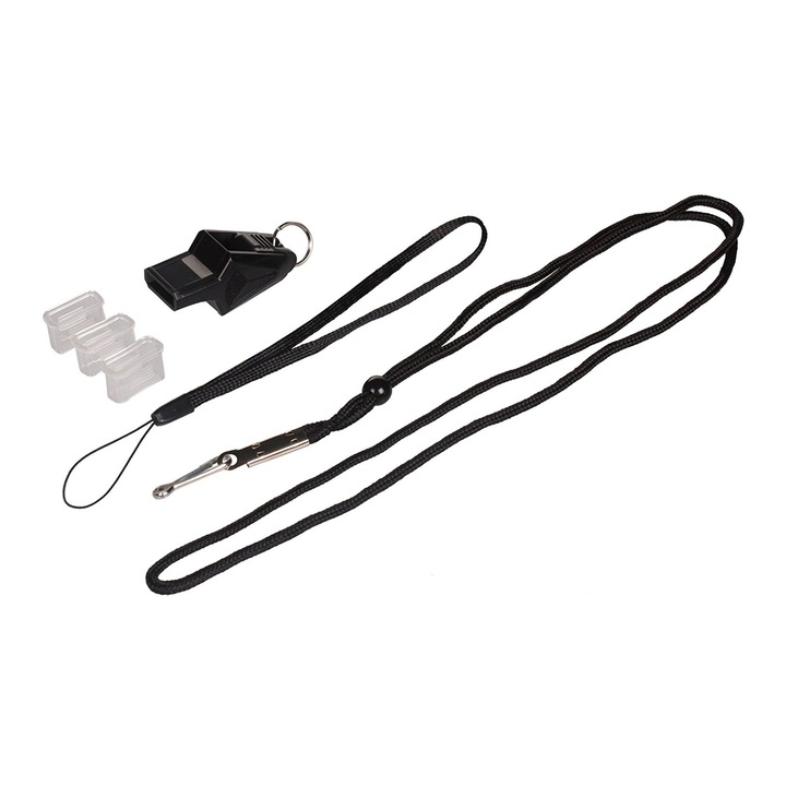 Fluier plastic Merco Dolphin, include 3 protectii din silicon, 2 snururi pentru gat si incheietura mainii, negru