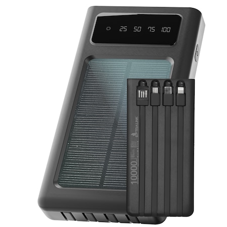 Powerbank, Incarcare solara, Extralink EPB-091, 4 cabluri integrate, 10000mAh, Lanterna LED, microUSB, USB Type-C, ABS, Display LED, LiPo, Negru