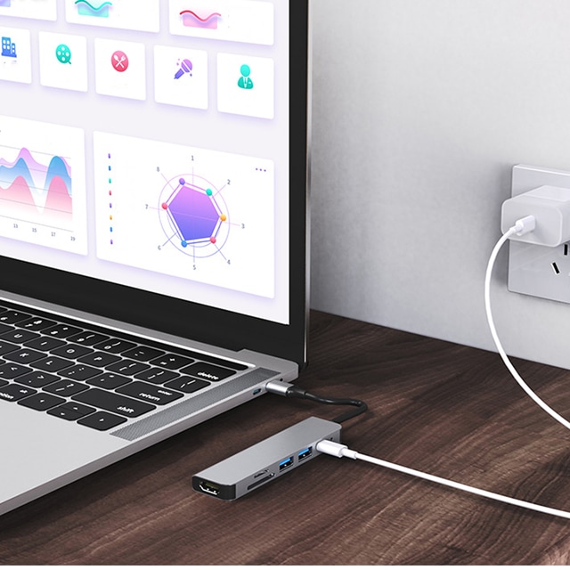 HUB адаптер 6 в 1, Входен щепсел Type-C, 1 USB 2.0 порт, 1 HDMI 4k/30HZ ...