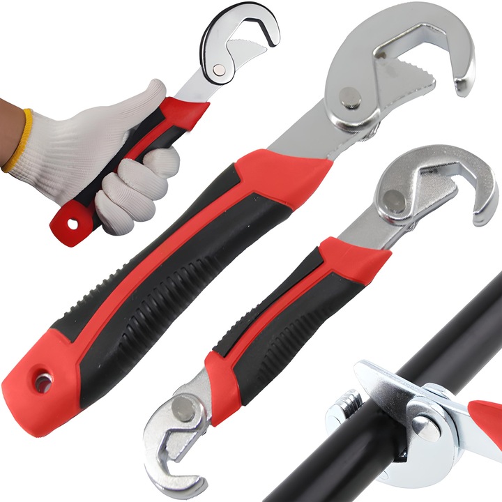 Set 2 Chei Carlig Multifunctionale RETOO HandyTools, Otel Crom-Vanadiu Galvanizat, Diametru Surub de la 9 la 32 mm, Perfect pentru Lucrari de Asamblare, Angrenare in Trei Puncte, Reglare Automata, Negru-Rosu