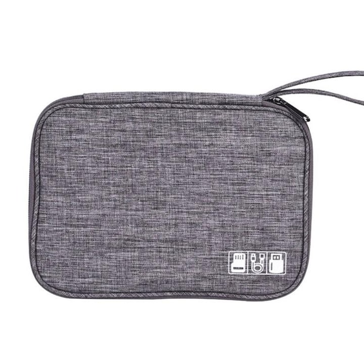 Geanta de organizare si depozitare cabluri si accesorii pentru PC, gri, buzunare cu plasa si fermoar, waterproof
