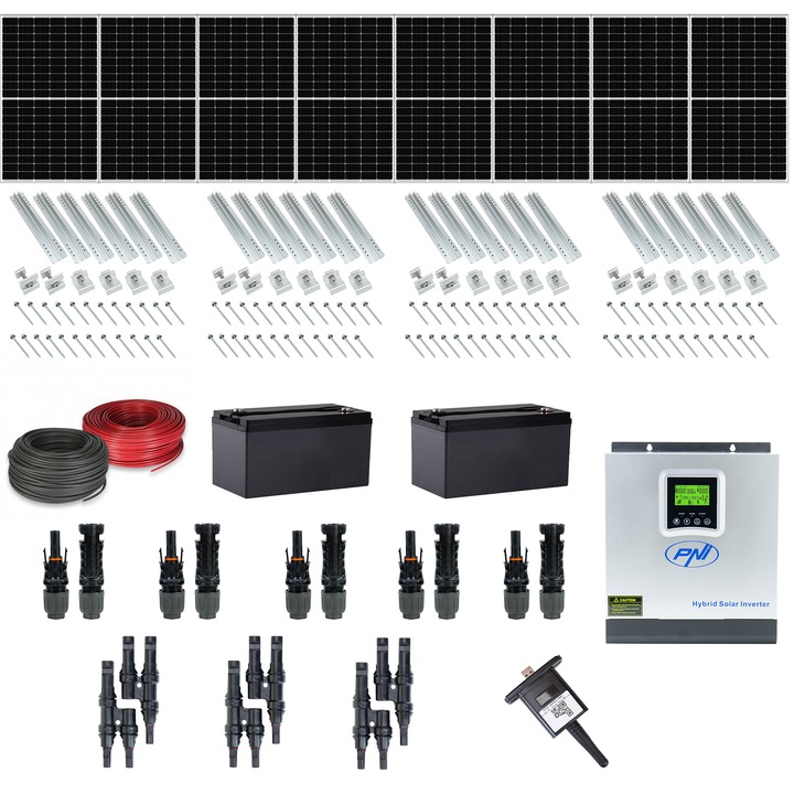Kit fotovoltaic cu 8 panouri 370W monocristalin, 120 celule, 11A, include set conectori, cablu solar, accesorii de montaj, invertor solar si Dongle WLAN