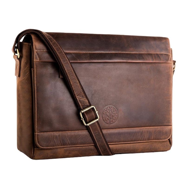 Geanta pentru laptop de 15.6", Betlewski, Hunter, Piele naturala, 40x32x14 cm, Curea ajustabila, Maro