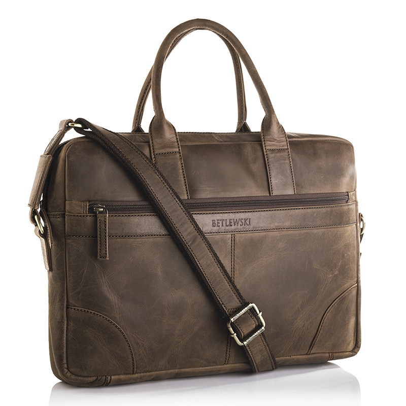 Geanta pentru laptop 15.6", Betlewski, Hunter, Piele naturala, Curea ajustabila, 42x30x7 cm, Maro